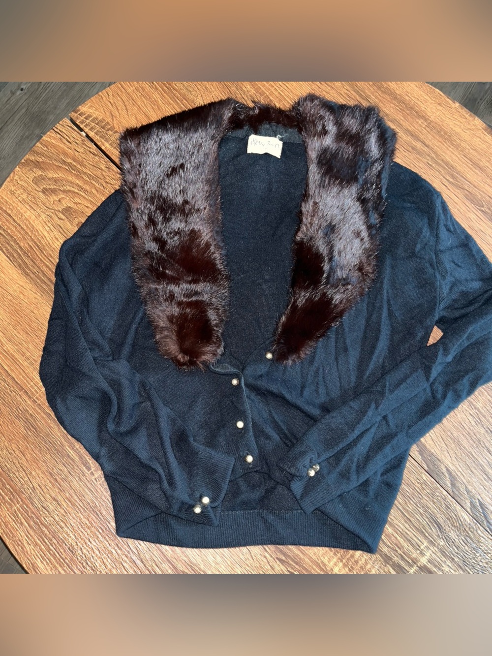Black Women's Cardigan with Faux Fur Collar and Pearl Buttons